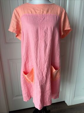 Uncle Frank Pink and Peach Short-Sleeve Shift Dress 100% Linen